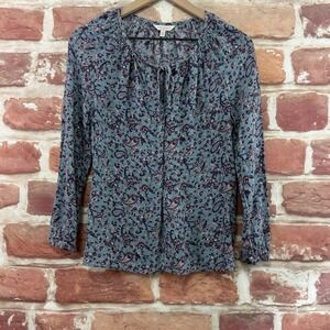 Lucky Brand Top Women's Small Blue Multicolor Boho Floral Tie Neck Casual Shirt